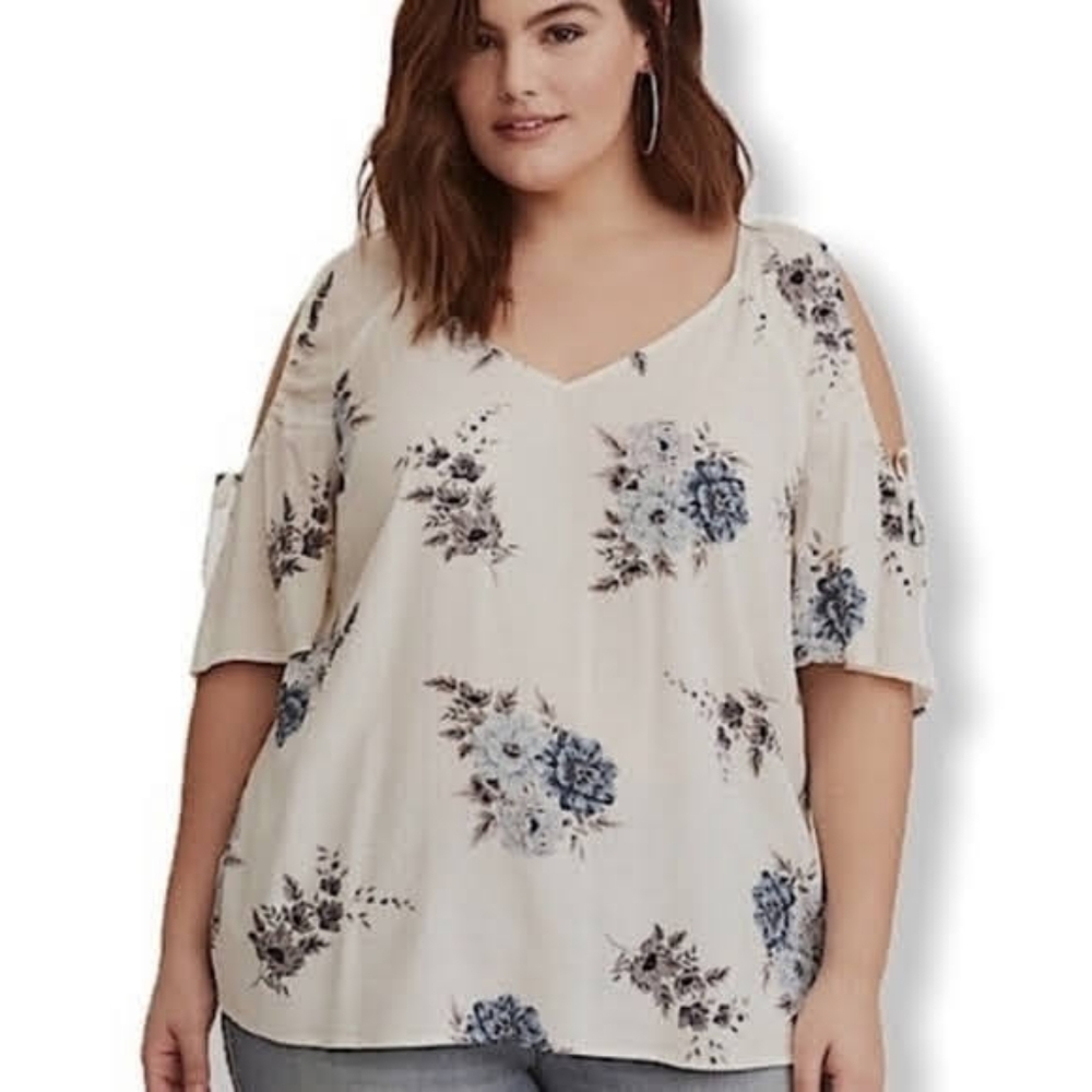 Torrid Size 4 White Blue and Gray Floral Cold Shoulder Detail Top Shirt .